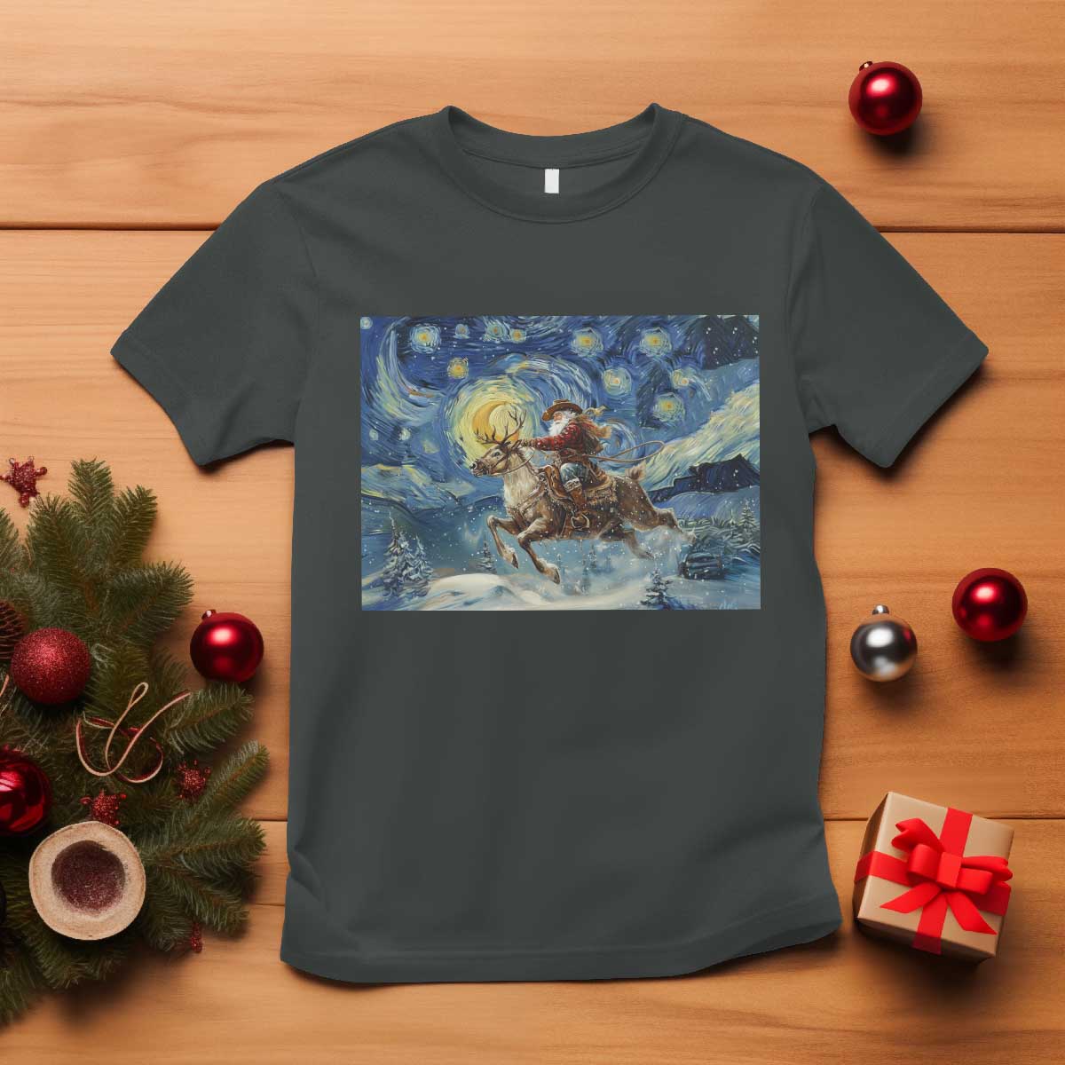 Cowboy Santa Starry Night Christmas T Shirt TS14 Dark Heather Print Your Wear