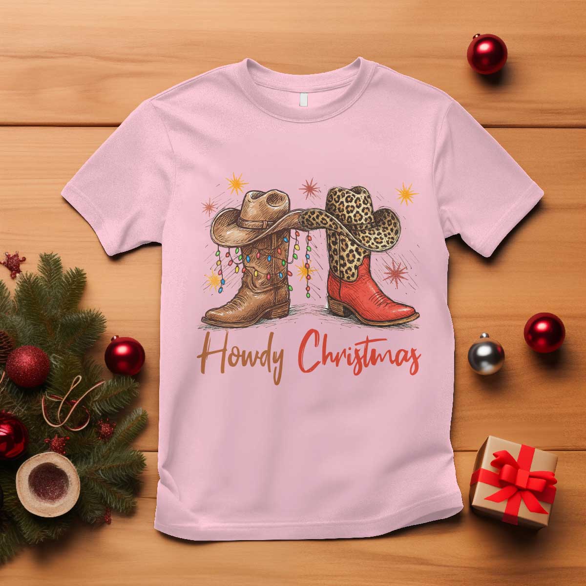 Howdy Christmas T Shirt Western Cowboy Boots Country TS14 Light Pink Print Your Wear