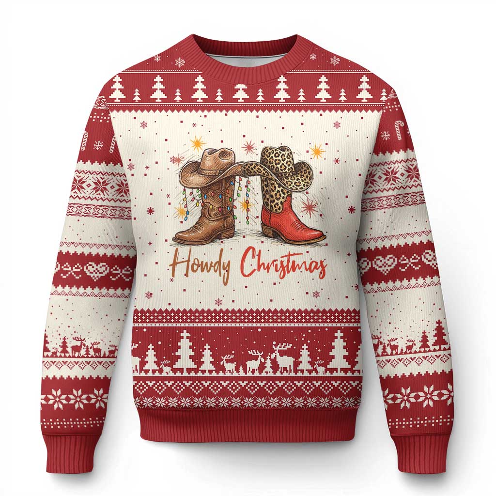 Howdy Xmas Ugly Christmas Sweater Western Cowboy Boots Country TS14 Beige Red Print Your Wear