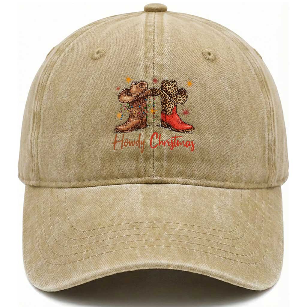 Howdy Christmas Washed Cotton Baseball Cap Western Cowboy Boots Country TS14 Washed Cap Universal Fit Khaki Print Your Wear