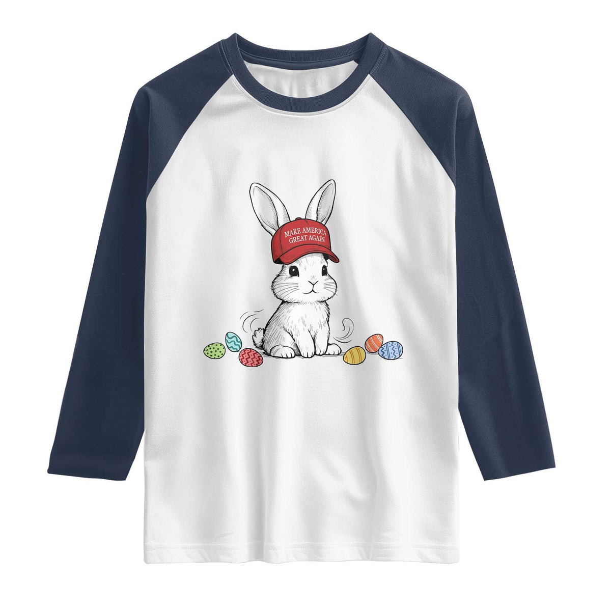 Funny Easter Bunny Wearing Hat American Raglan Shirt TS14 White Navy Print Your Wear