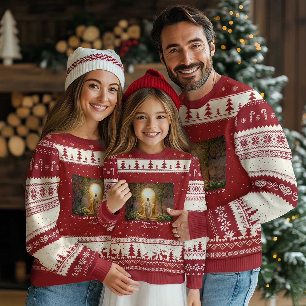 He Is Not Here He Has Risen Ugly Christmas Sweater Easter Christian Jesus TS14 Red Beige Print Your Wear