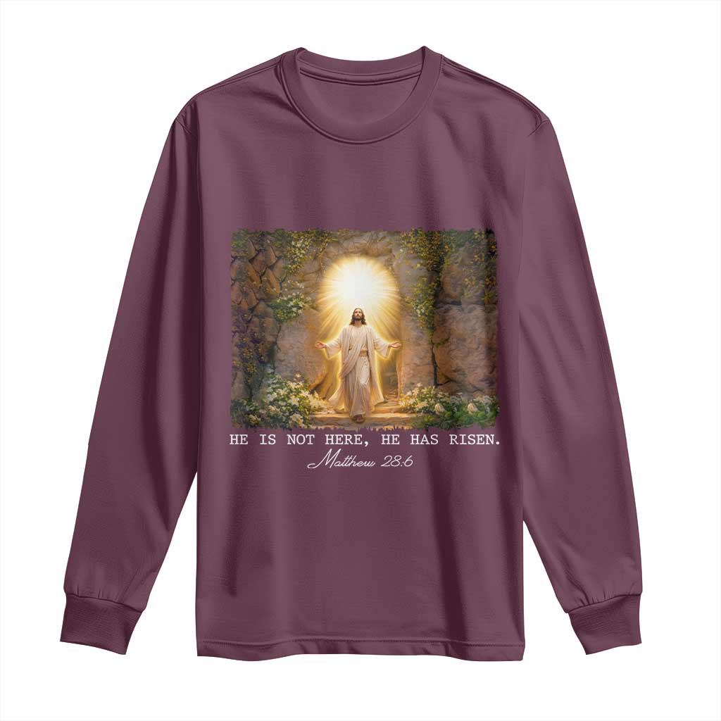 He Is Not Here He Has Risen Long Sleeve Shirt Easter Christian Jesus TS14 Maroon Print Your Wear