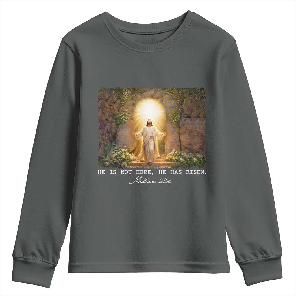He Is Not Here He Has Risen Youth Sweatshirt Easter Christian Jesus TS14 Dark Heather Print Your Wear