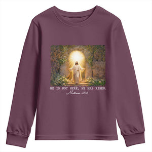 He Is Not Here He Has Risen Youth Sweatshirt Easter Christian Jesus TS14 Maroon Print Your Wear