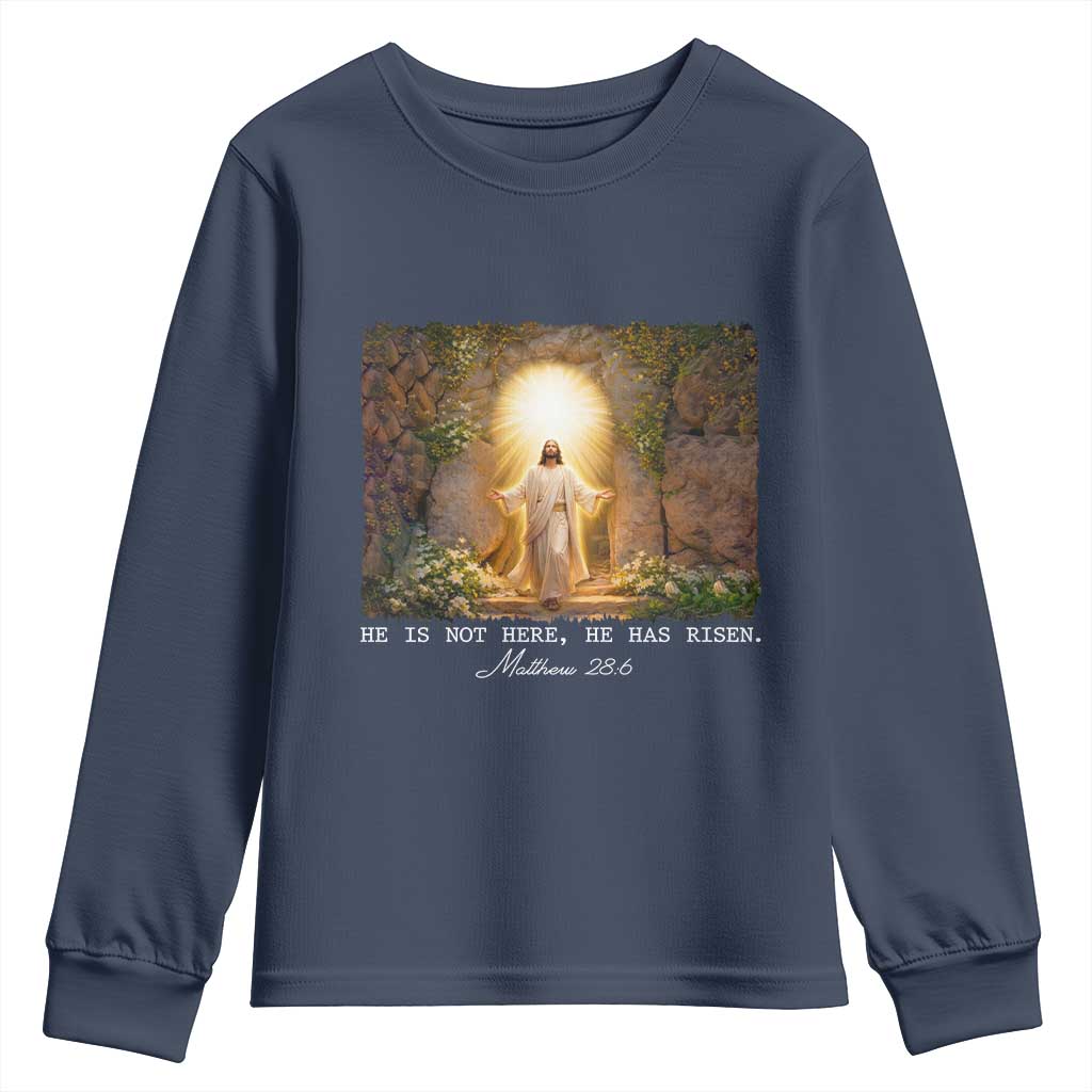 He Is Not Here He Has Risen Youth Sweatshirt Easter Christian Jesus TS14 Navy Print Your Wear