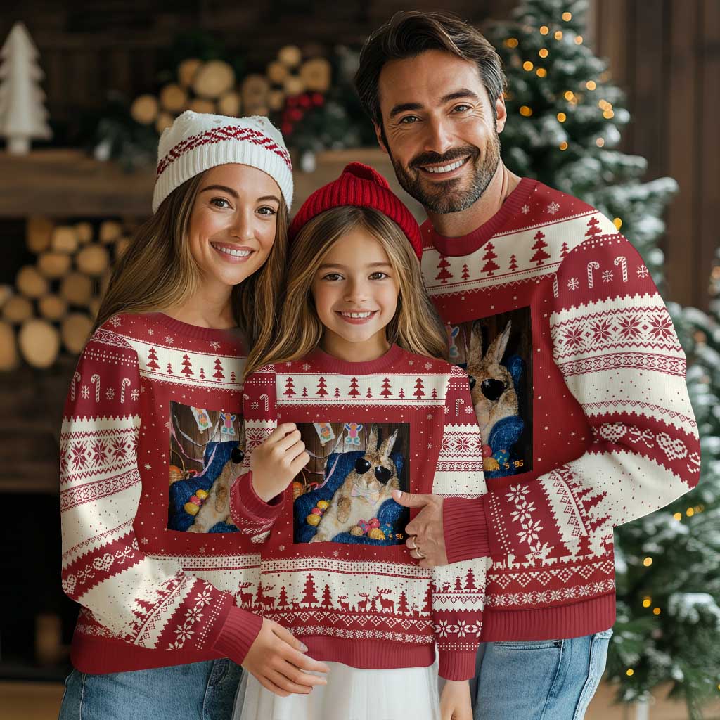 Funny Easter Bunny Sunglasses Graphic Ugly Christmas Sweater TS14 Red Beige Print Your Wear