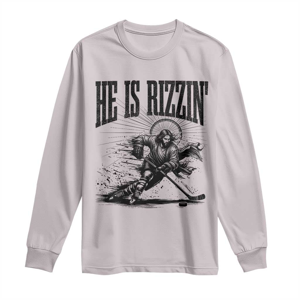 Funny Jesus Hockey Long Sleeve Shirt He Is Rizzin' TS14 Ice Gray Print Your Wear