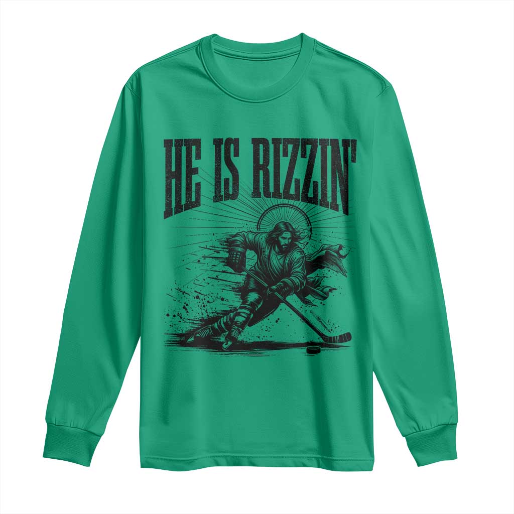 Funny Jesus Hockey Long Sleeve Shirt He Is Rizzin' TS14 Irish Green Print Your Wear