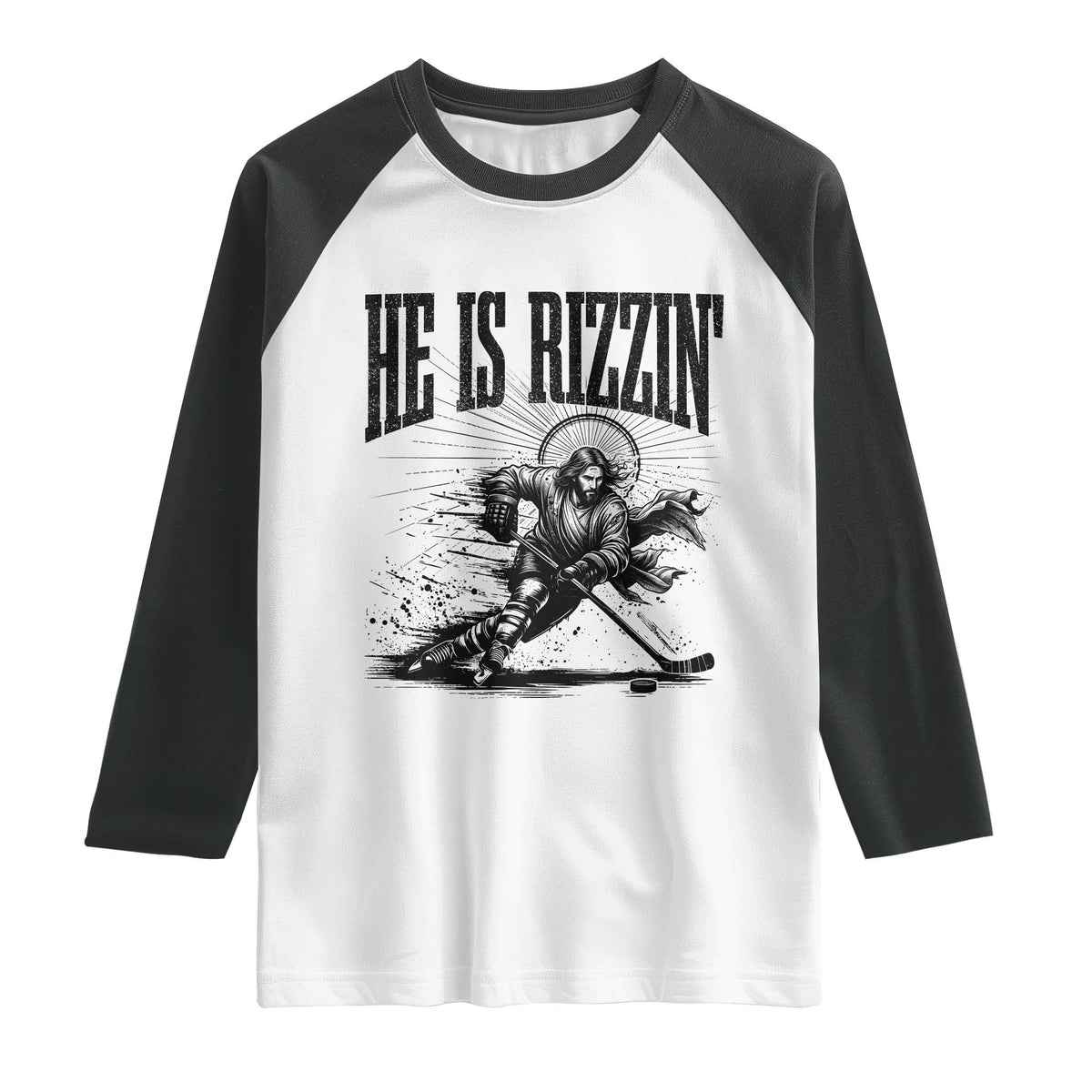 Funny Jesus Hockey Raglan Shirt He Is Rizzin' TS14 White Black Print Your Wear