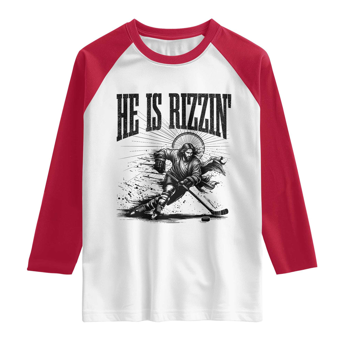 Funny Jesus Hockey Raglan Shirt He Is Rizzin' TS14 White Red Print Your Wear