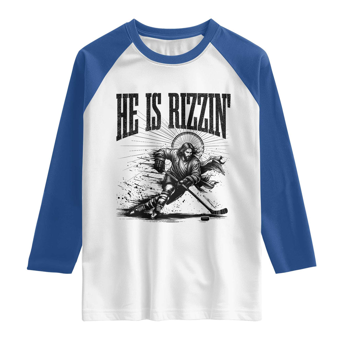 Funny Jesus Hockey Raglan Shirt He Is Rizzin' TS14 White Royal Print Your Wear
