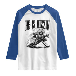 Funny Jesus Hockey Raglan Shirt He Is Rizzin' TS14 White Royal Print Your Wear
