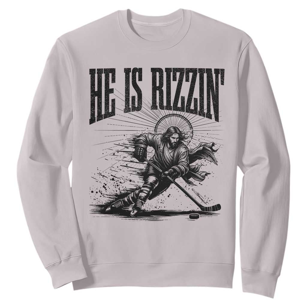 Funny Jesus Hockey Sweatshirt He Is Rizzin' TS14 Ice Gray Print Your Wear