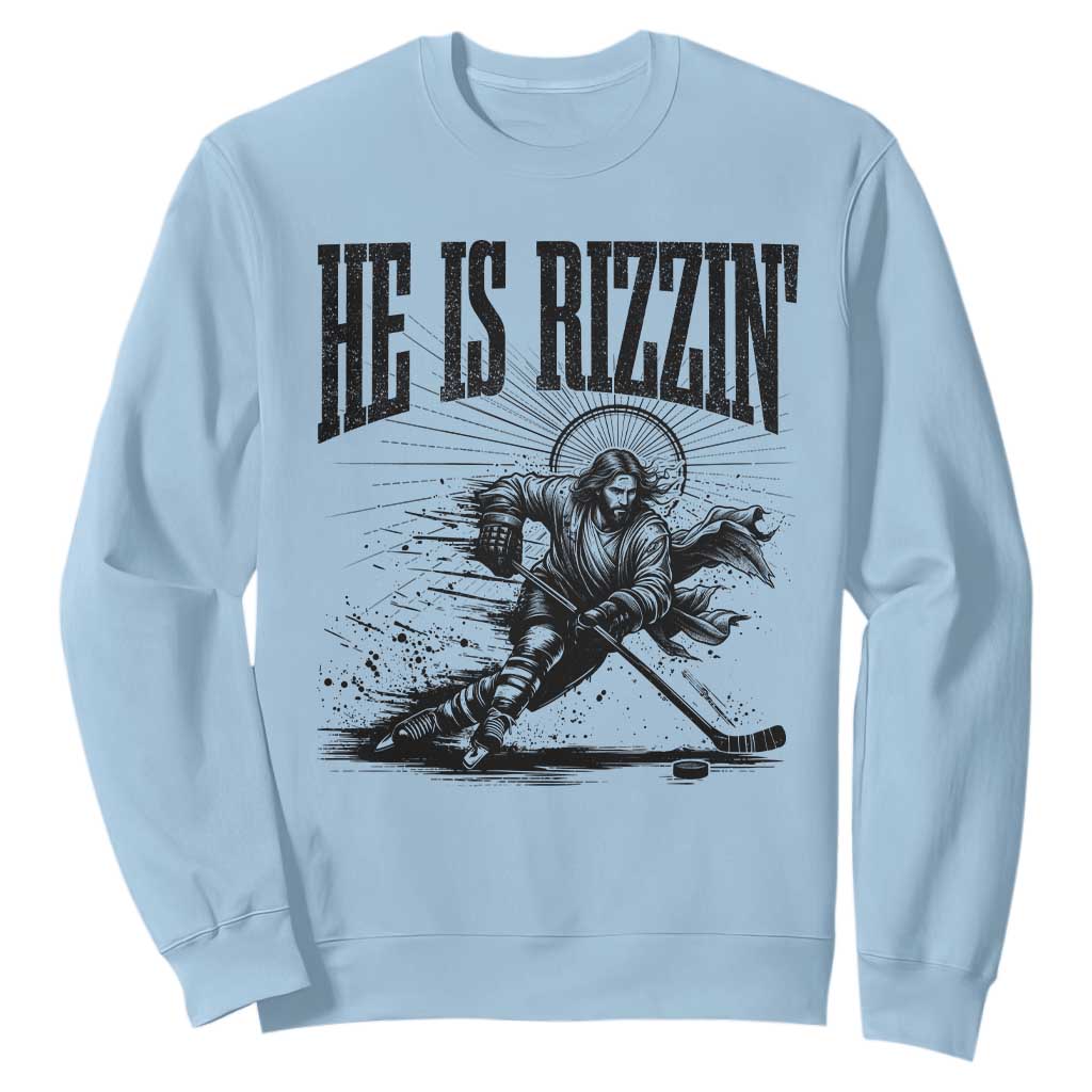 Funny Jesus Hockey Sweatshirt He Is Rizzin' TS14 Light Blue Print Your Wear