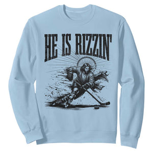 Funny Jesus Hockey Sweatshirt He Is Rizzin' TS14 Light Blue Print Your Wear