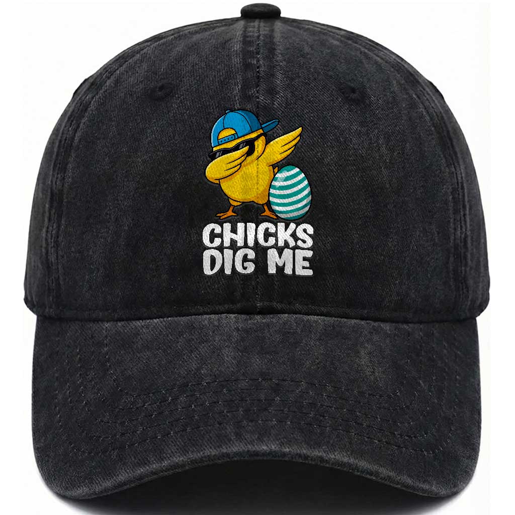 Easter Chicks Dig Me Washed Cotton Baseball Cap Cute Chicken Dabbing Egg Hunt Toddler TS14 Washed Cap Universal Fit Black Print Your Wear