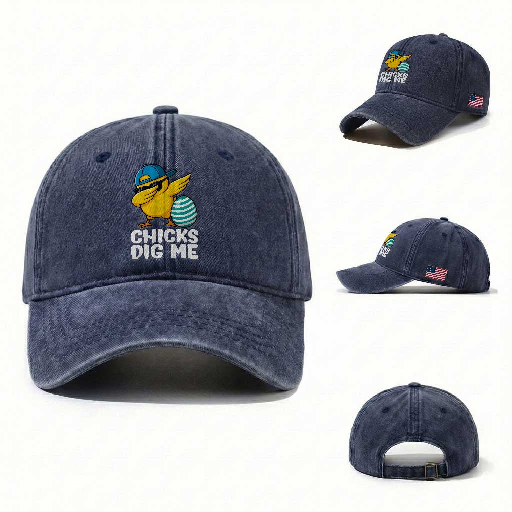 Easter Chicks Dig Me Washed Cotton Baseball Cap Cute Chicken Dabbing Egg Hunt Toddler TS14 Washed Cap Universal Fit Navy Print Your Wear