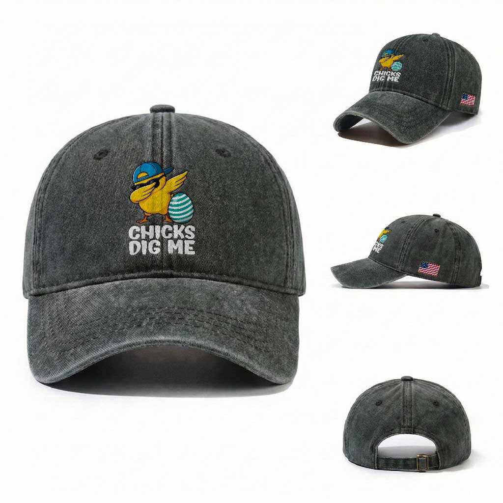 Easter Chicks Dig Me Washed Cotton Baseball Cap Cute Chicken Dabbing Egg Hunt Toddler TS14 Washed Cap Universal Fit Dark Green Print Your Wear