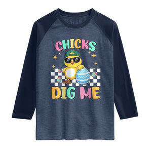 Chicks Dig Me Raglan Shirt Funny Easter Chick TS14 Heather Denim Navy Print Your Wear