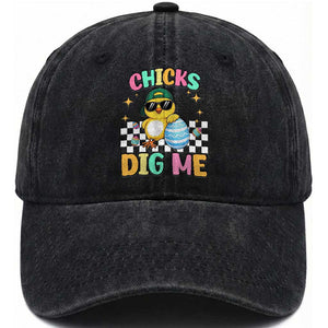 Chicks Dig Me Washed Cotton Baseball Cap Funny Easter Chick TS14 Washed Cap Universal Fit Black Print Your Wear