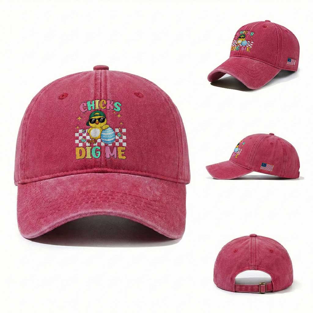 Chicks Dig Me Washed Cotton Baseball Cap Funny Easter Chick TS14 Washed Cap Universal Fit Red Print Your Wear