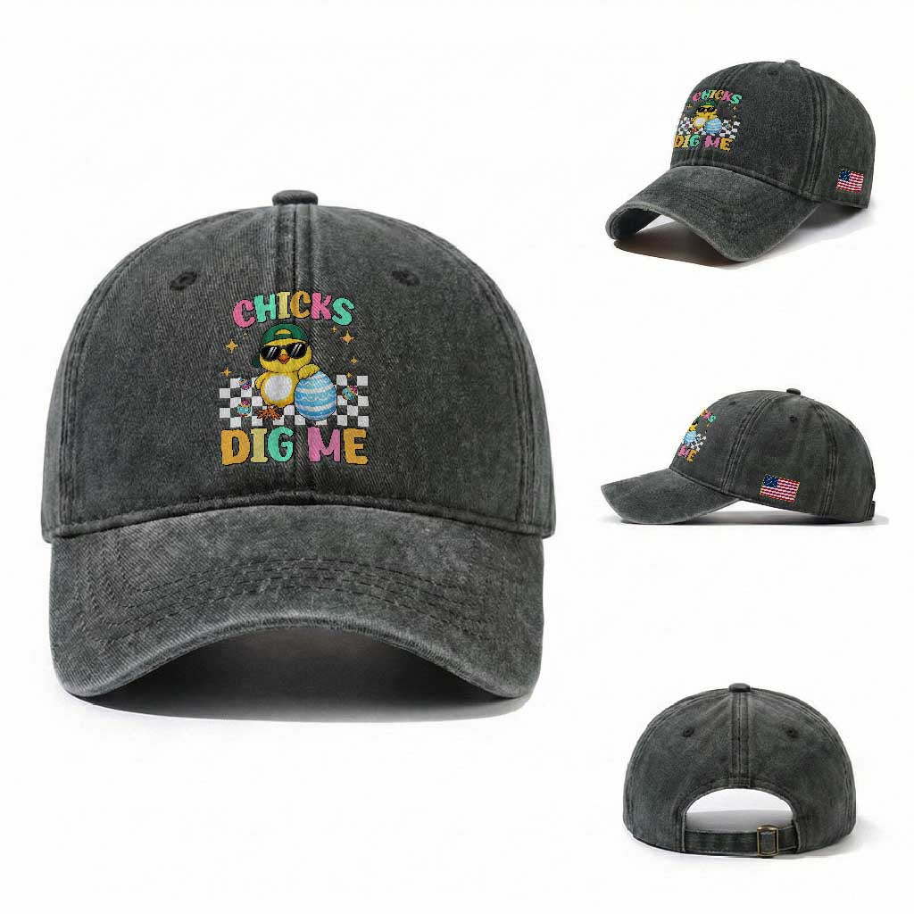 Chicks Dig Me Washed Cotton Baseball Cap Funny Easter Chick TS14 Washed Cap Universal Fit Dark Green Print Your Wear