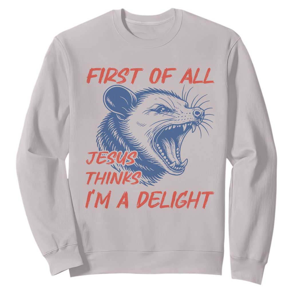 First of All Jesus Thinks I'm A Delight Sweatshirt Funny Opossum Christian TS14 Ice Gray Print Your Wear