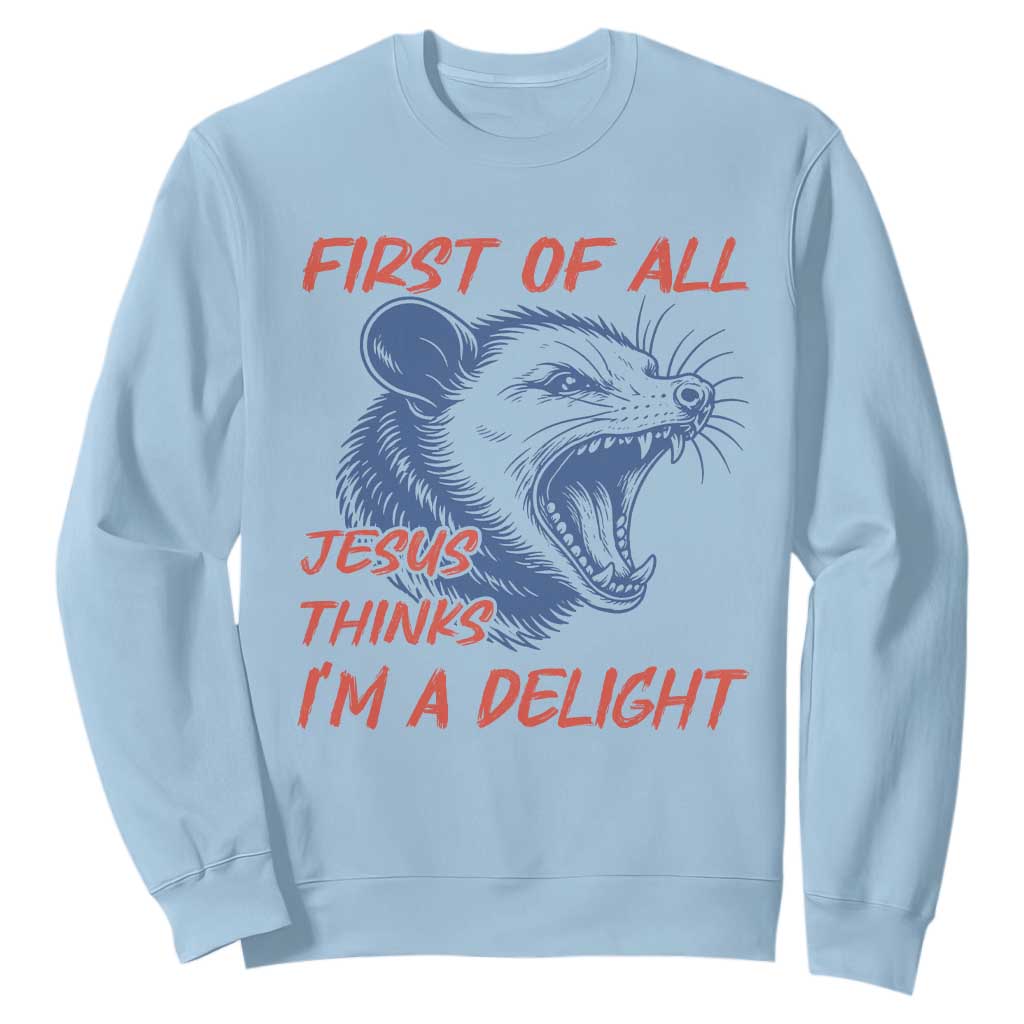 First of All Jesus Thinks I'm A Delight Sweatshirt Funny Opossum Christian TS14 Light Blue Print Your Wear