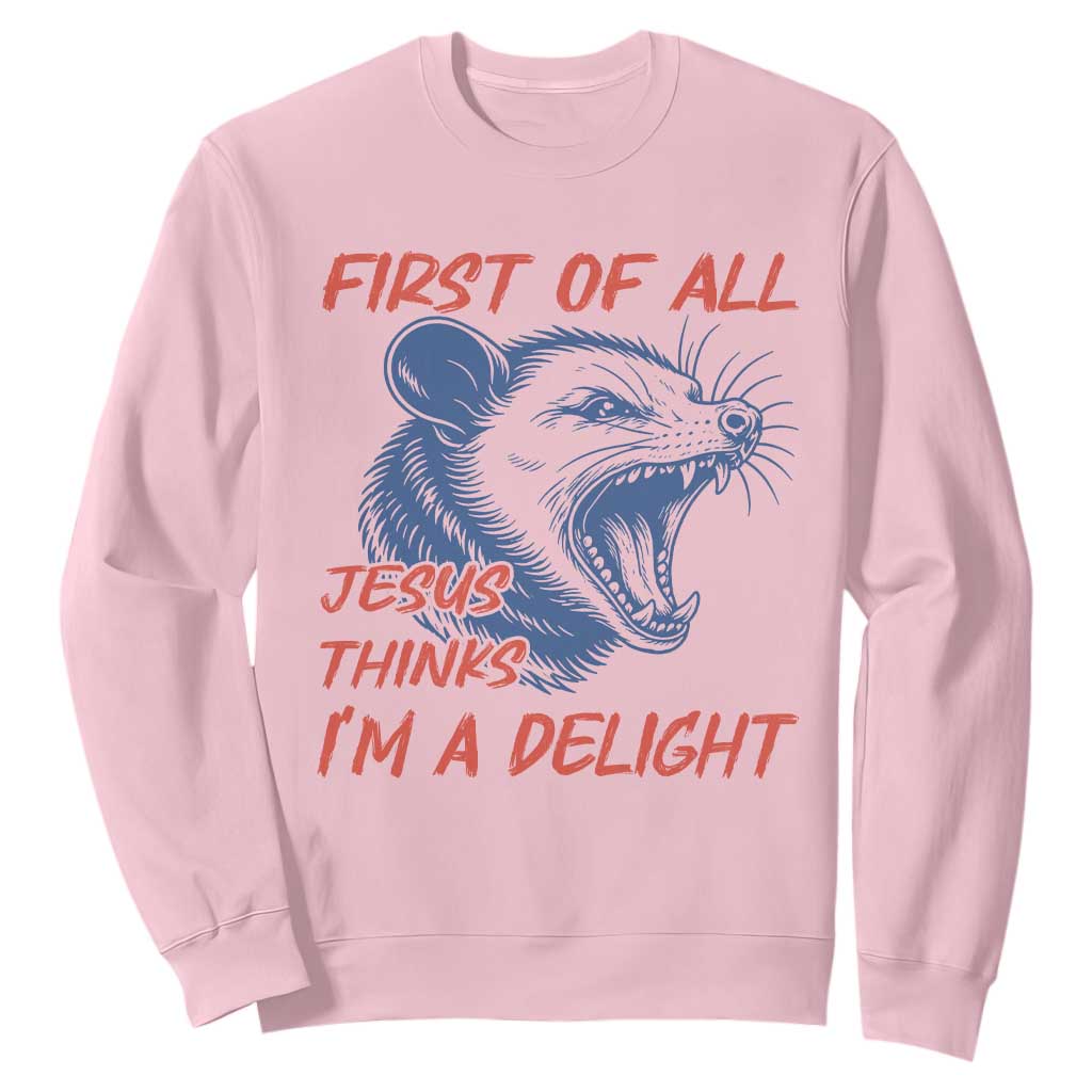 First of All Jesus Thinks I'm A Delight Sweatshirt Funny Opossum Christian TS14 Light Pink Print Your Wear