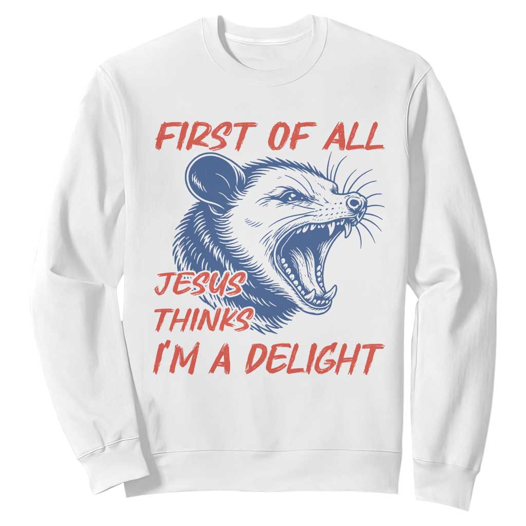 First of All Jesus Thinks I'm A Delight Sweatshirt Funny Opossum Christian TS14 White Print Your Wear