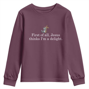 Jesus Thinks I'm A Delight Youth Sweatshirt Funny Christian Raccoon Sarcastic TS14 Maroon Print Your Wear