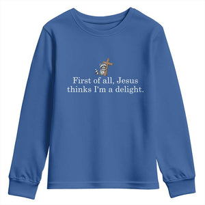 Jesus Thinks I'm A Delight Youth Sweatshirt Funny Christian Raccoon Sarcastic TS14 Royal Blue Print Your Wear