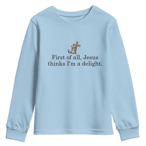 Funny Christian Raccoon Youth Sweatshirt Sarcastic Jesus Thinks I'm A Delight TS14 Light Blue Print Your Wear