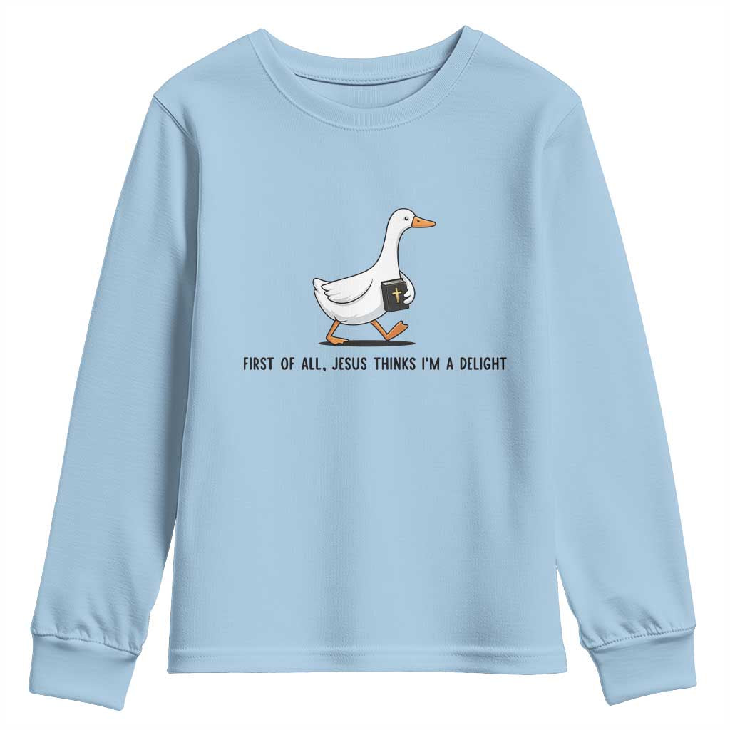 Funny Christian Goose Youth Sweatshirt Jesus Thinks I'm A Delight TS14 Light Blue Print Your Wear
