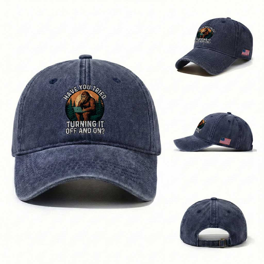 Funny Bigfoot Tech Support Washed Cotton Baseball Cap Have You Tried Turning It Off And On Sasquatsch Computer TS14 Washed Cap Universal Fit Navy Print Your Wear