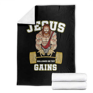 Funny Jesus Gym Throw Blanket Hallowed Be Thy Gains TS14 Black Print Your Wear