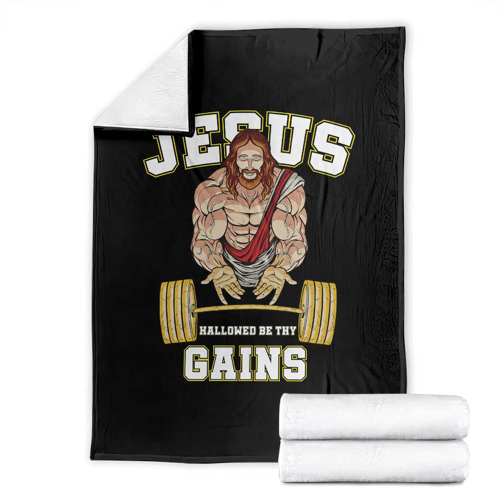 Funny Jesus Gym Throw Blanket Hallowed Be Thy Gains TS14 Black Print Your Wear
