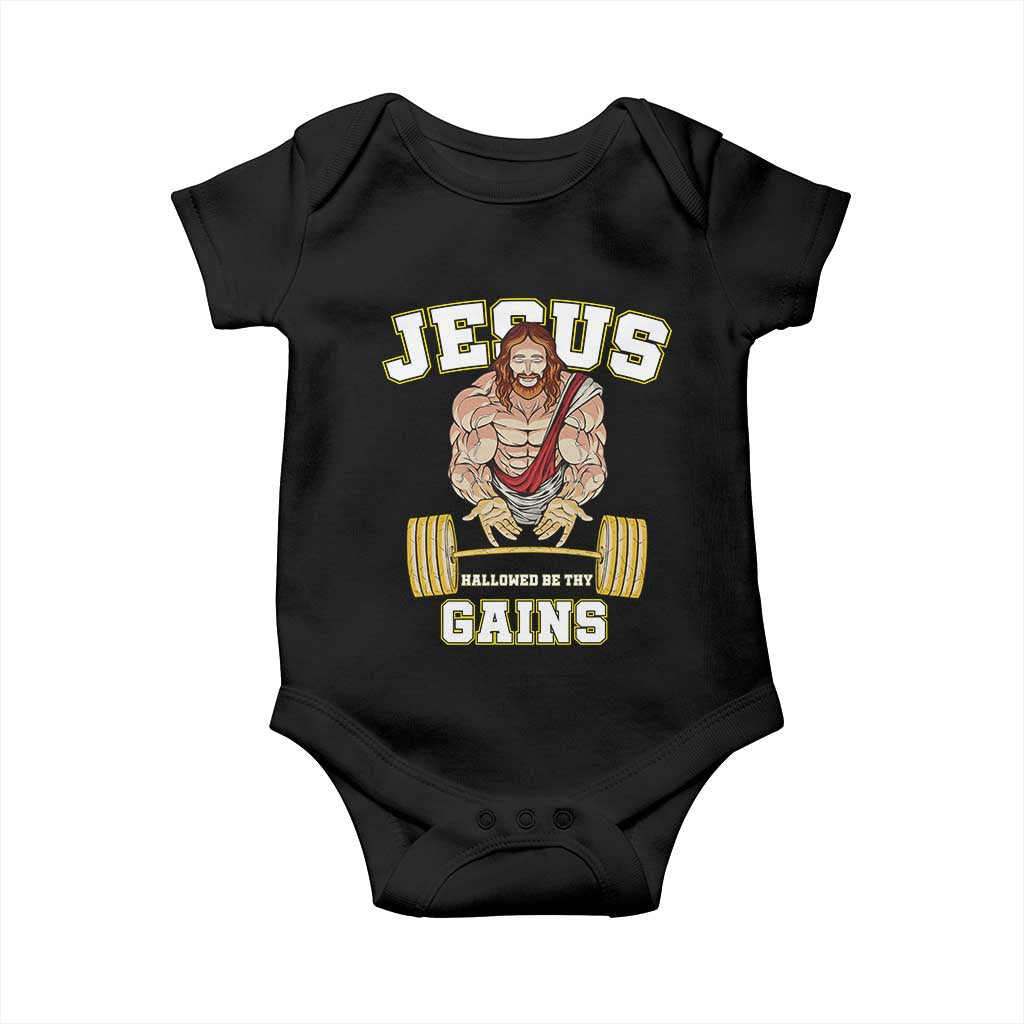 Funny Jesus Gym Baby Onesie Hallowed Be Thy Gains TS14 Black Print Your Wear