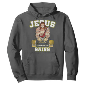 Funny Jesus Gym Hoodie Hallowed Be Thy Gains TS14 Dark Heather Print Your Wear