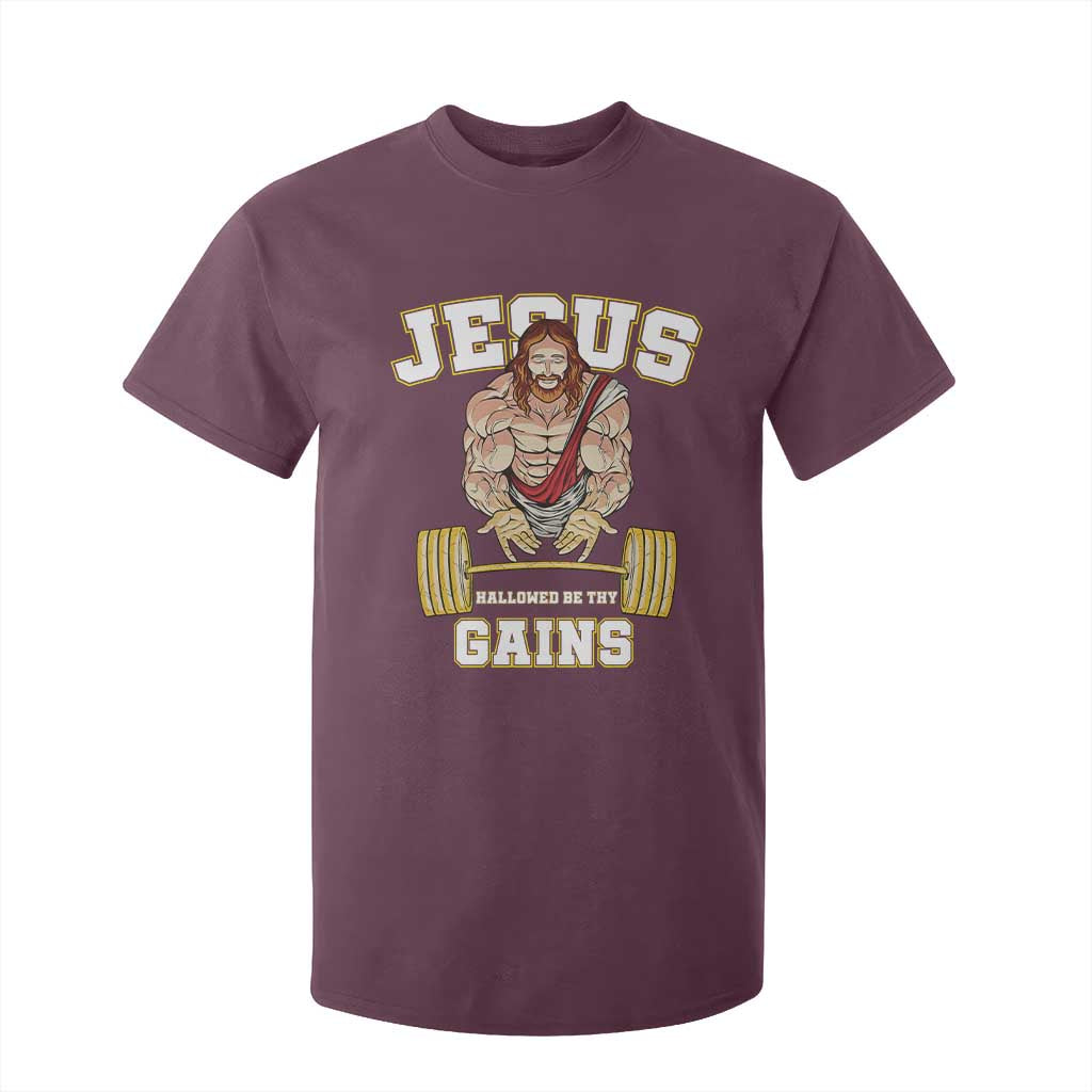 Funny Jesus Gym T Shirt For Kid Hallowed Be Thy Gains TS14 Maroon Print Your Wear