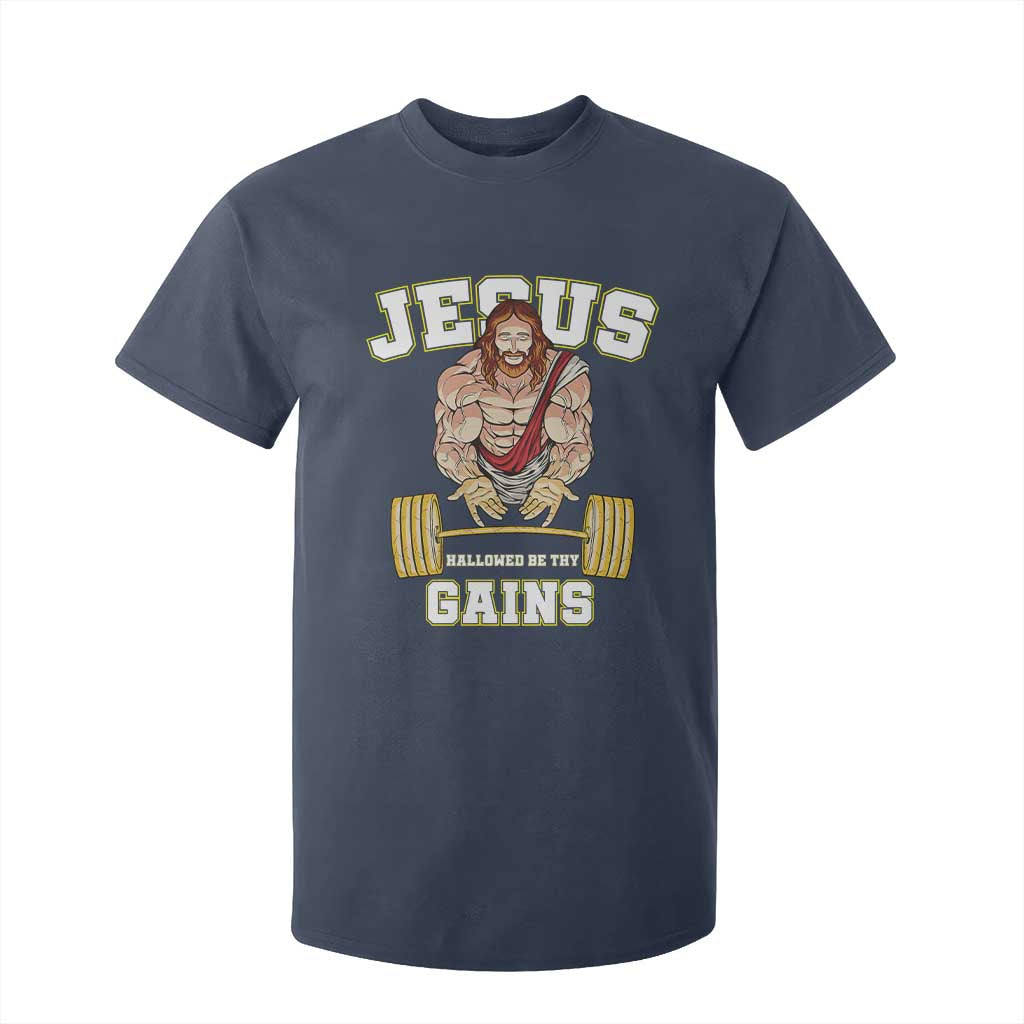 Funny Jesus Gym T Shirt For Kid Hallowed Be Thy Gains TS14 Navy Print Your Wear