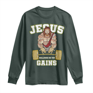Funny Jesus Gym Long Sleeve Shirt Hallowed Be Thy Gains TS14 Dark Forest Green Print Your Wear