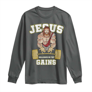 Funny Jesus Gym Long Sleeve Shirt Hallowed Be Thy Gains TS14 Dark Heather Print Your Wear