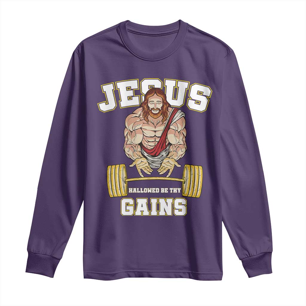 Funny Jesus Gym Long Sleeve Shirt Hallowed Be Thy Gains TS14 Purple Print Your Wear