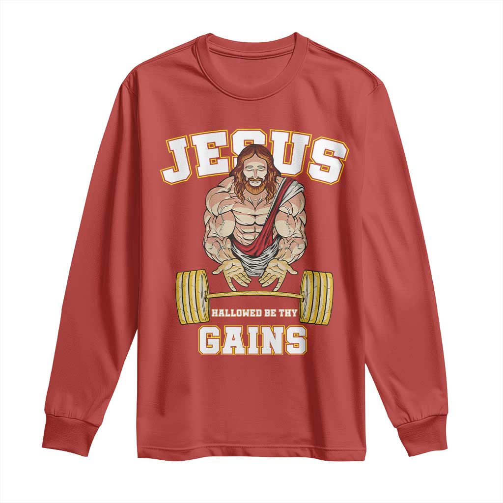 Funny Jesus Gym Long Sleeve Shirt Hallowed Be Thy Gains TS14 Red Print Your Wear