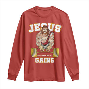 Funny Jesus Gym Long Sleeve Shirt Hallowed Be Thy Gains TS14 Red Print Your Wear