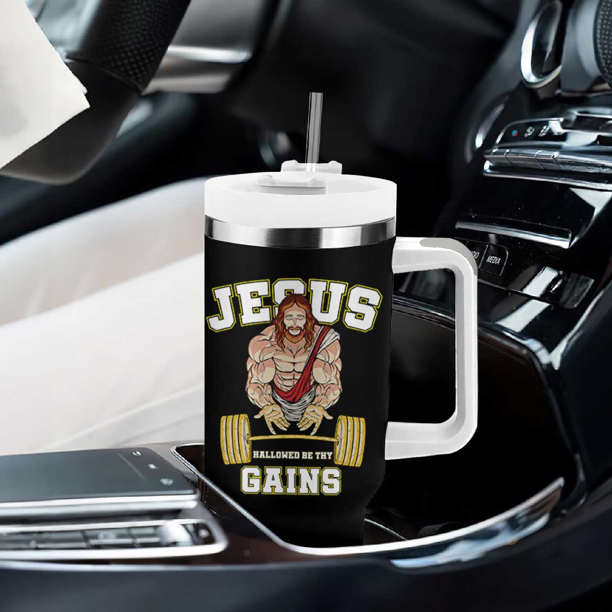 Funny Jesus Gym Tumbler With Handle Hallowed Be Thy Gains TS14 Print Your Wear