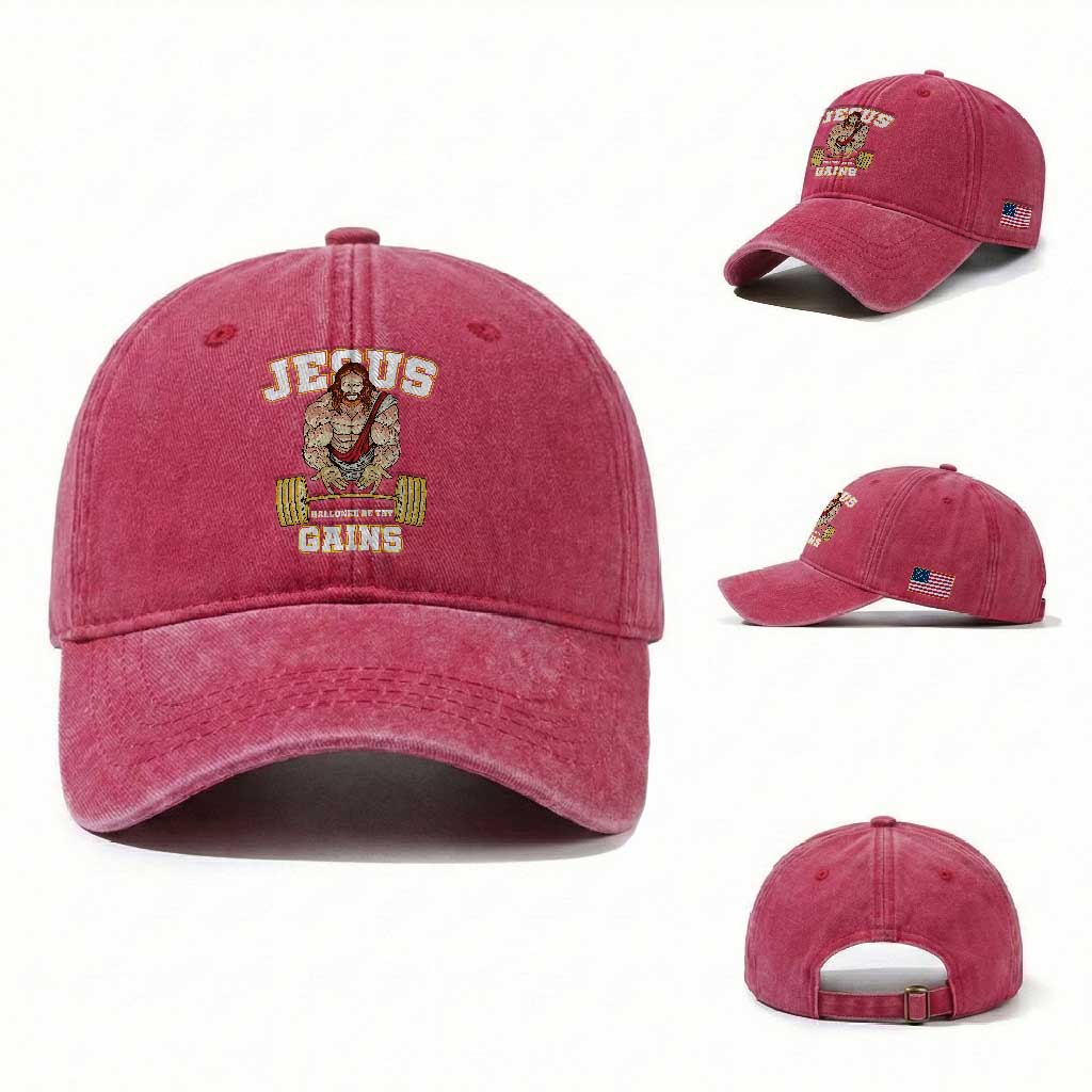 Funny Jesus Gym Washed Cotton Baseball Cap Hallowed Be Thy Gains TS14 Washed Cap Universal Fit Red Print Your Wear
