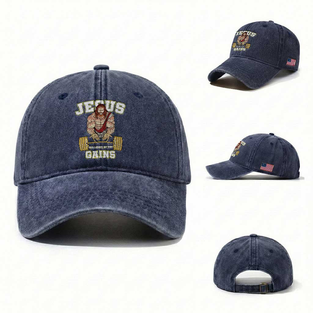 Funny Jesus Gym Washed Cotton Baseball Cap Hallowed Be Thy Gains TS14 Washed Cap Universal Fit Navy Print Your Wear